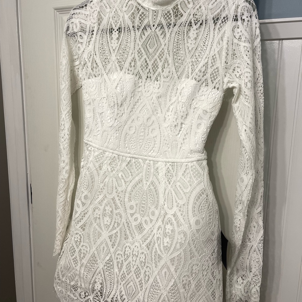 Lulu's White Sheath Dress with Bishop Sleeves and Mock Neck